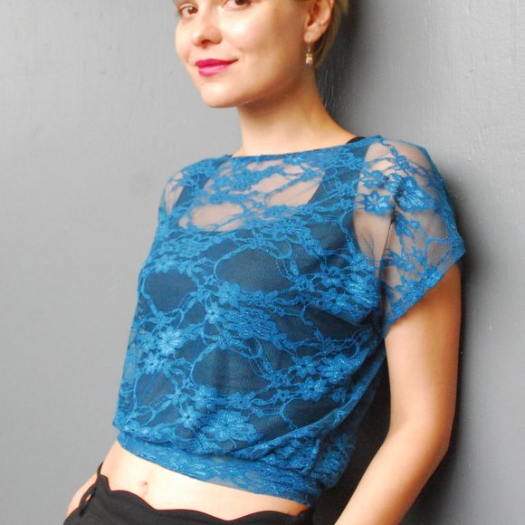 Short Sleeve Blue Lace Top - Picture 3 of 4